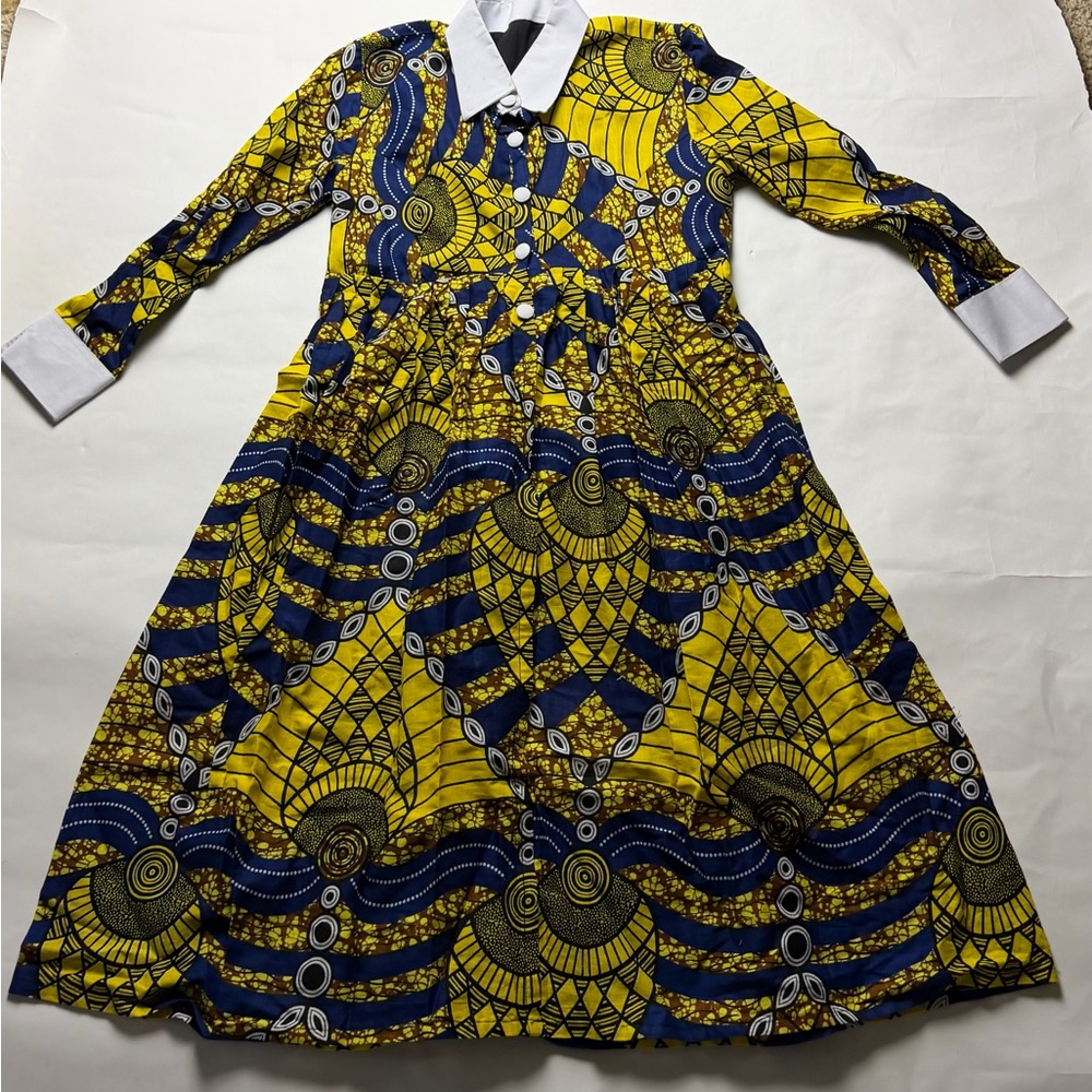 Vibrant Yellow and Blue Midi Patterned Cotton Midi Dress